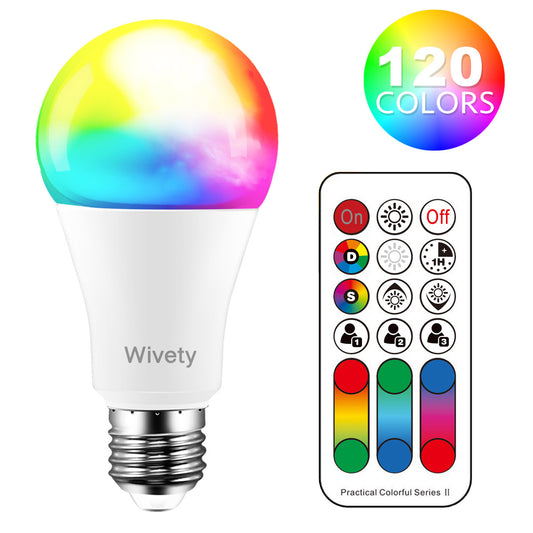 Wivety LED Color Changing Light Bulb, 120 Colors, 70 Watt Equivalent with Remote Control RGBW RGB Daylight and White – Timing Function - A19 E26 Edison Screw